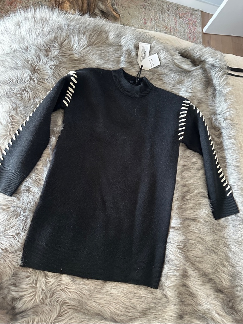 English Factory Black Crewneck Sweater with White Sleeve Stitching Detail
